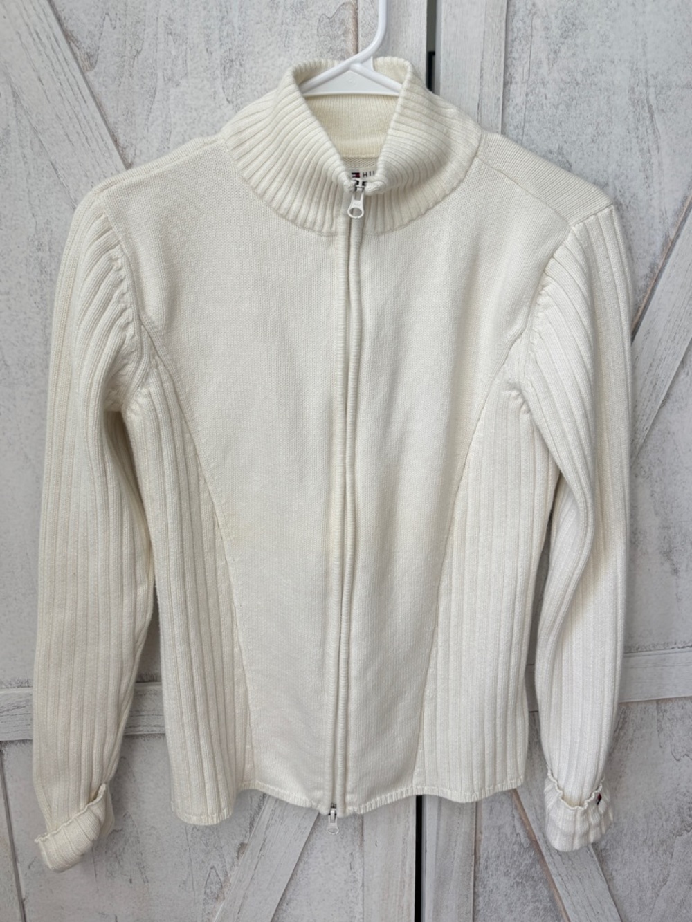 Tommy Hilfiger Cable Knit Cardigan Sweater Women’s Large Full Zip Cream